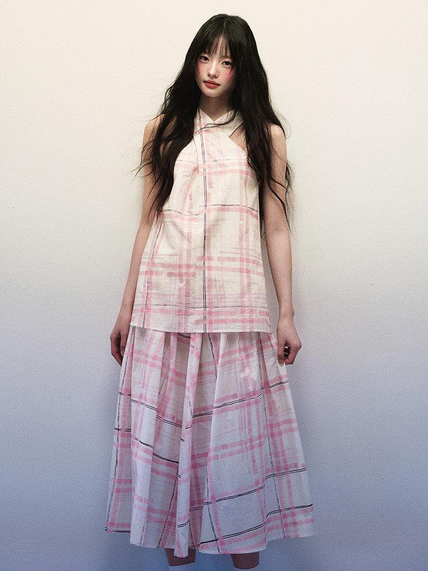 1P STUDIO Pink Stripe Plaid Cross Neck Halter Women&