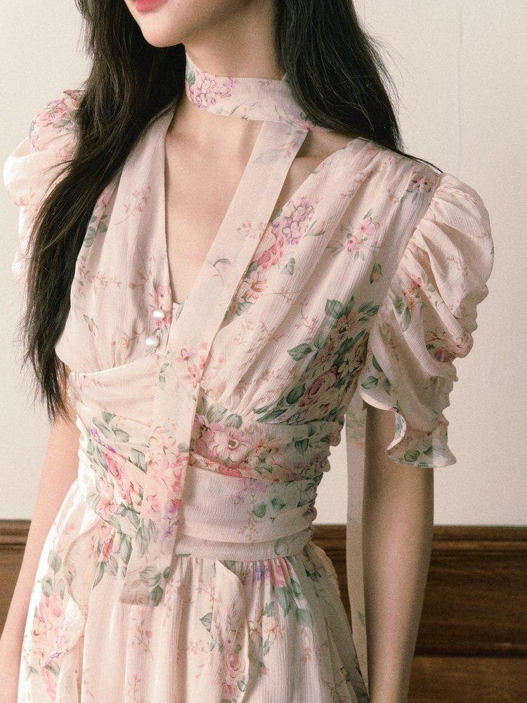 1P STUDIO Pink V-neck Ruffle Sash Halter Waist Women&