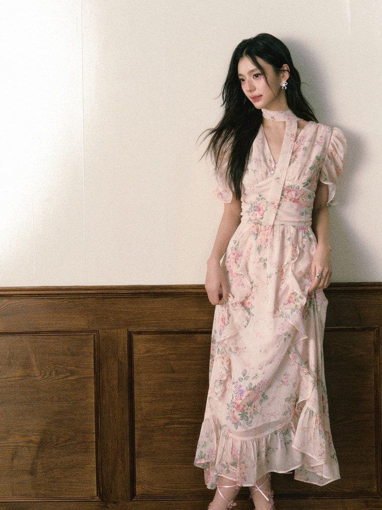 1P STUDIO Pink V-neck Ruffle Sash Halter Waist Women&