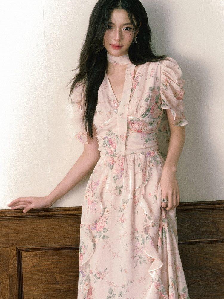 1P STUDIO Pink V-neck Ruffle Sash Halter Waist Women&