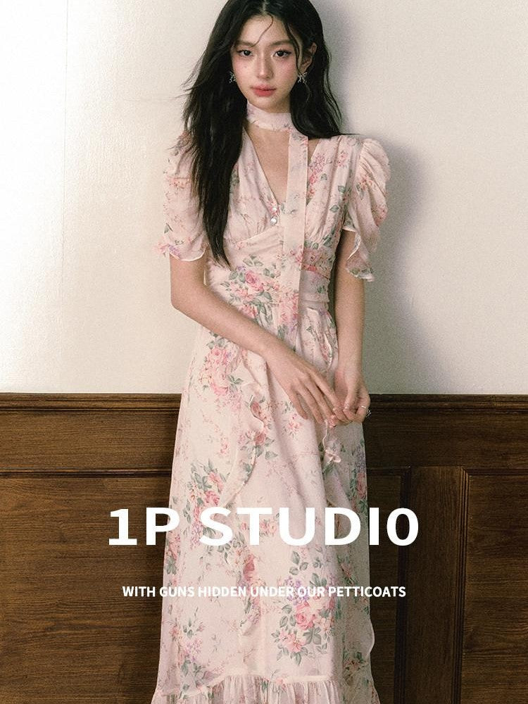 1P STUDIO Pink V-neck Ruffle Sash Halter Waist Women&