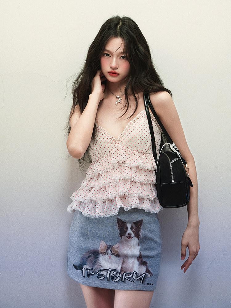 1P STUDIO Polka Dot Cat Dog Print V-neck Ruffle Women&
