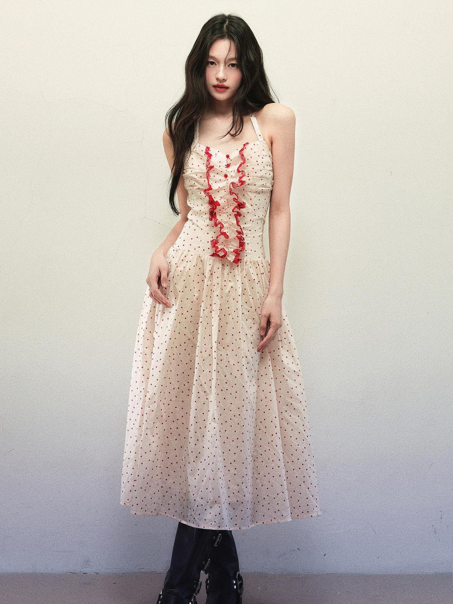 1P STUDIO Polka Dot Lace Ruffle Halter Cinched Waist Women&