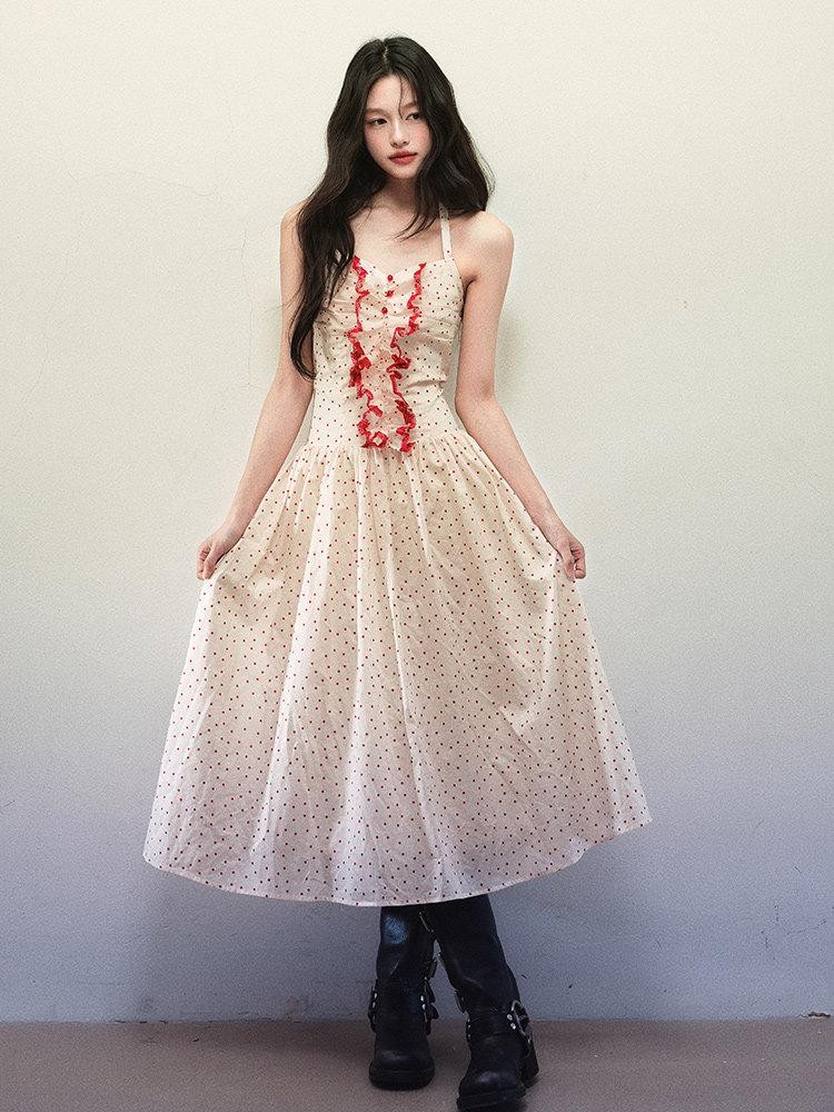 1P STUDIO Polka Dot Lace Ruffle Halter Cinched Waist Women&