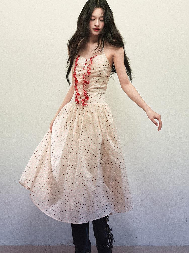 1P STUDIO Polka Dot Lace Ruffle Halter Cinched Waist Women&