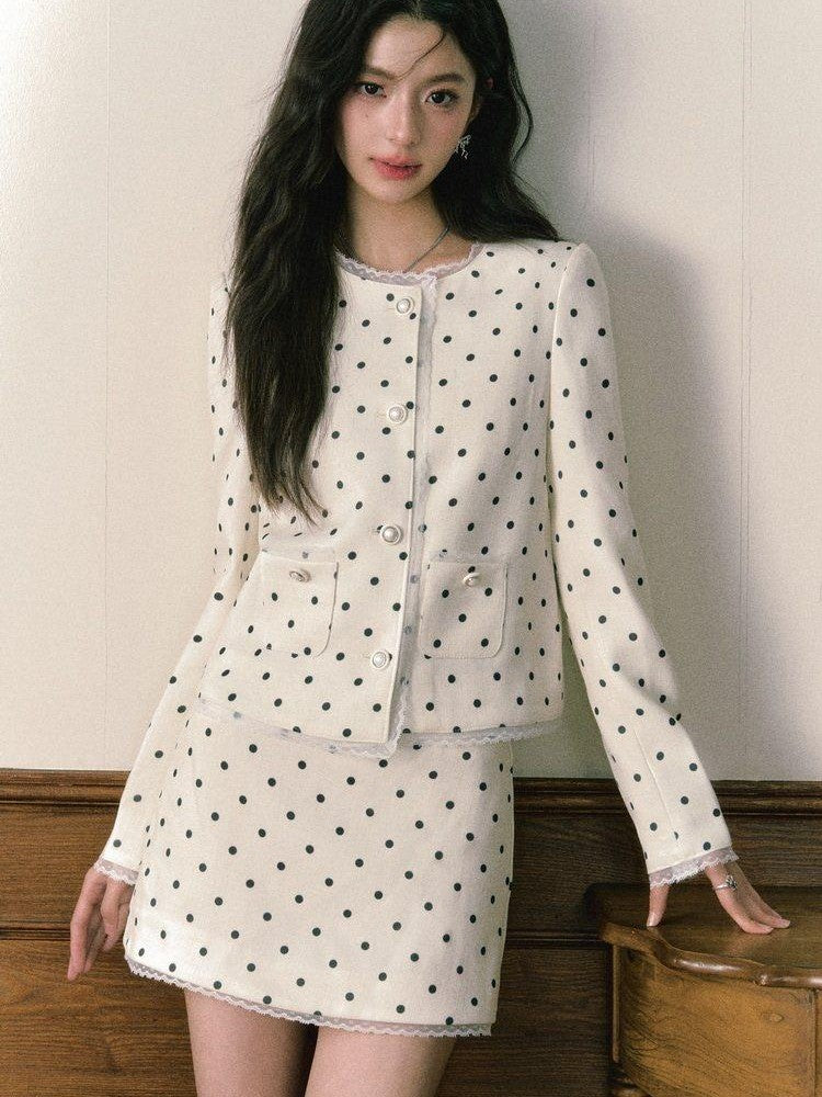 1P STUDIO Polka Dot Lace Trim Structured Shoulder Women&