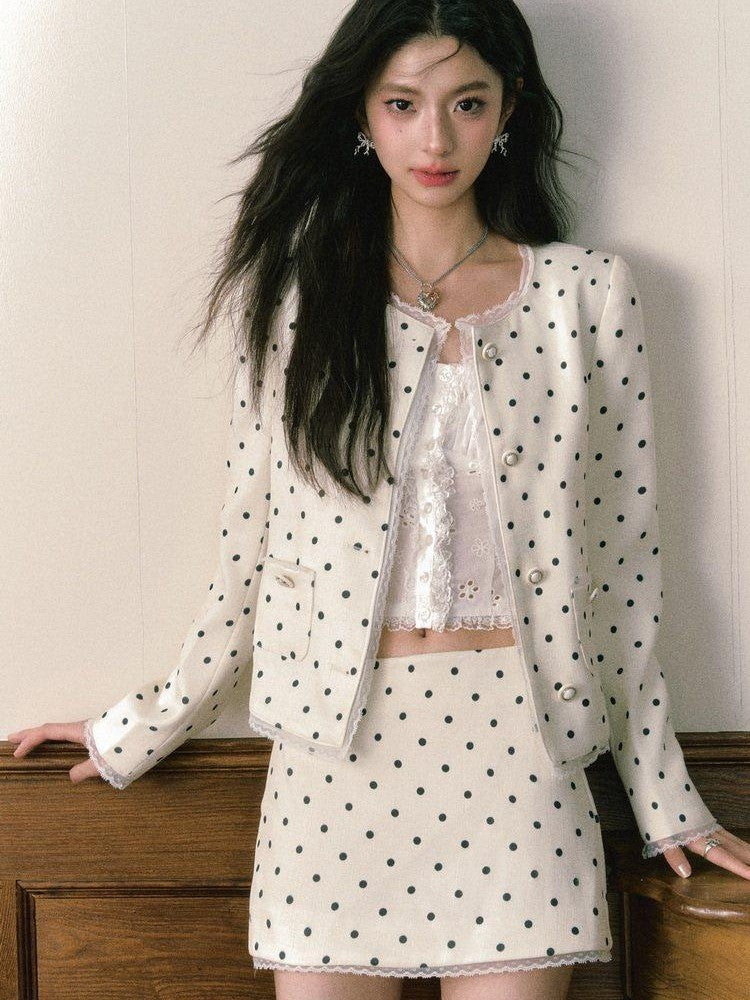 1P STUDIO Polka Dot Lace Trim Structured Shoulder Women&
