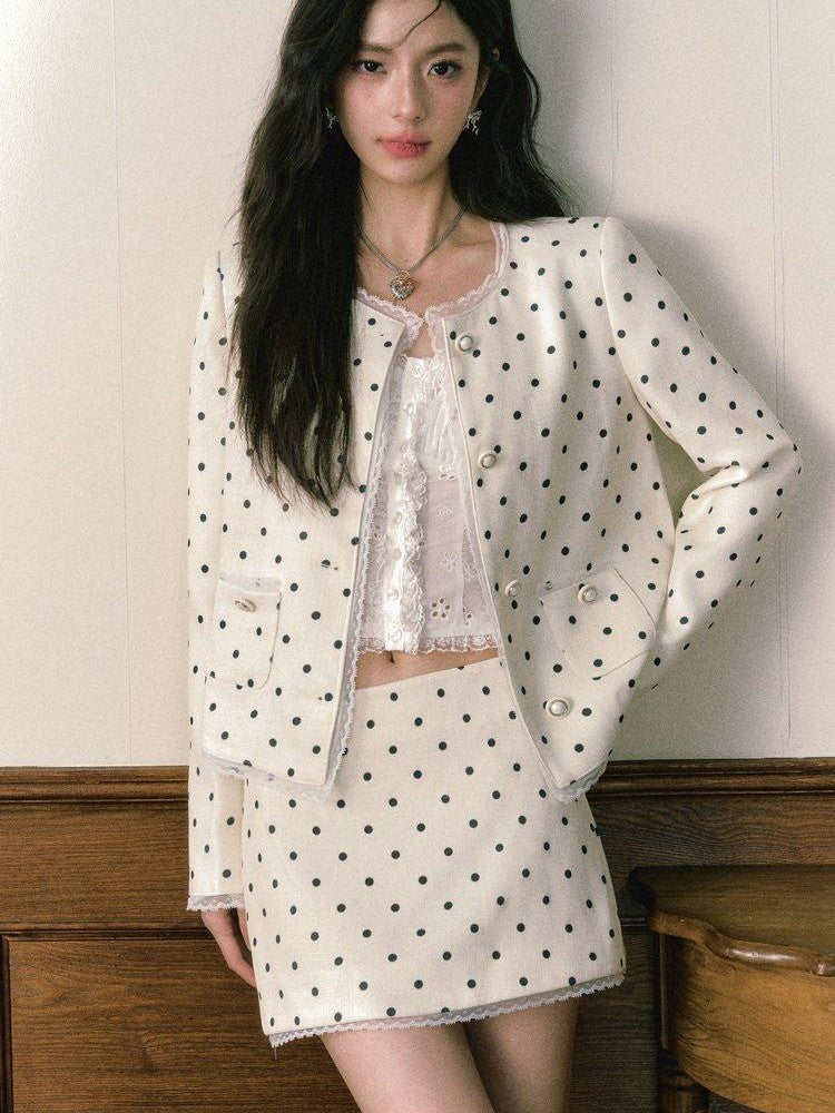 1P STUDIO Polka Dot Lace Trim Structured Shoulder Women&