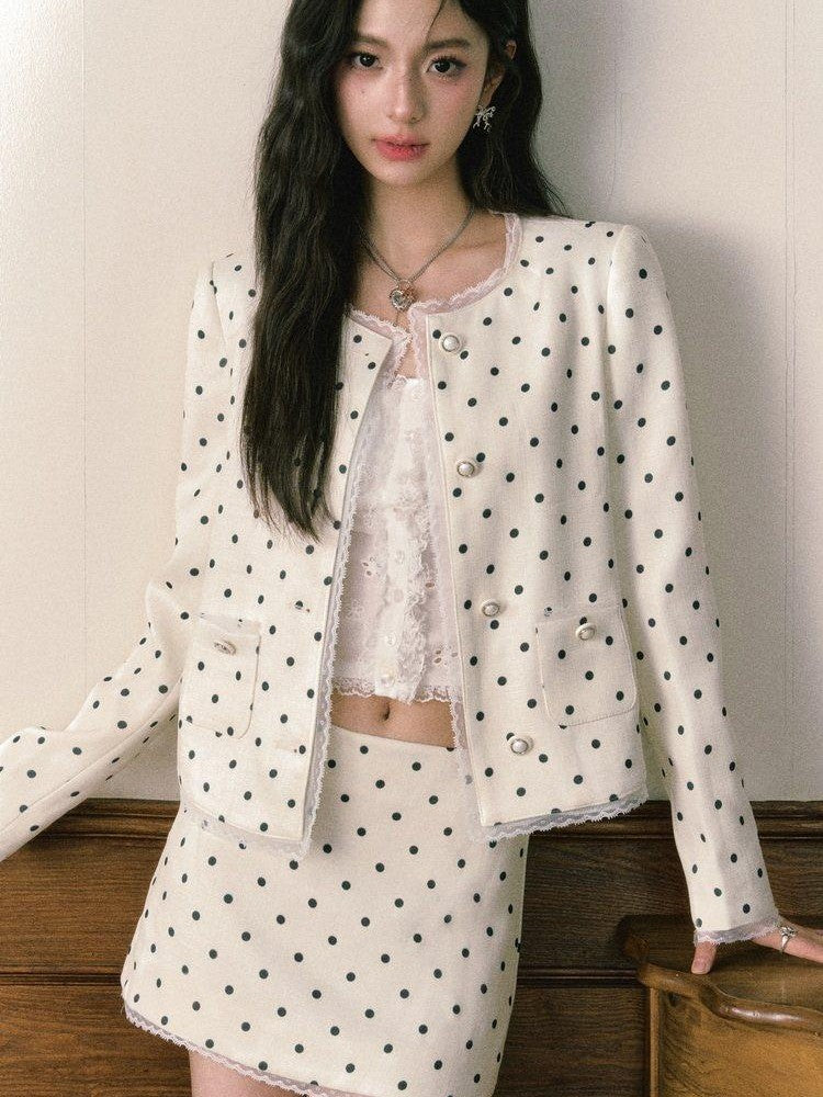 1P STUDIO Polka Dot Lace Trim Structured Shoulder Women&