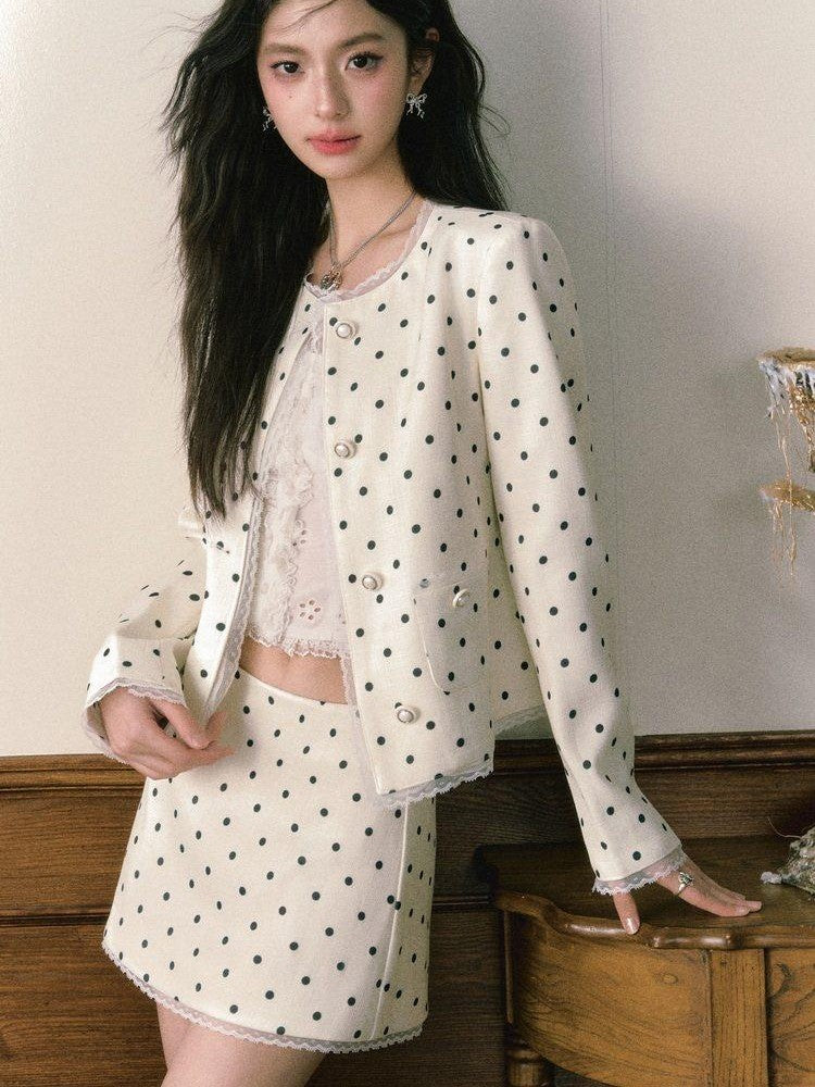 1P STUDIO Polka Dot Lace Trim Structured Shoulder Women&