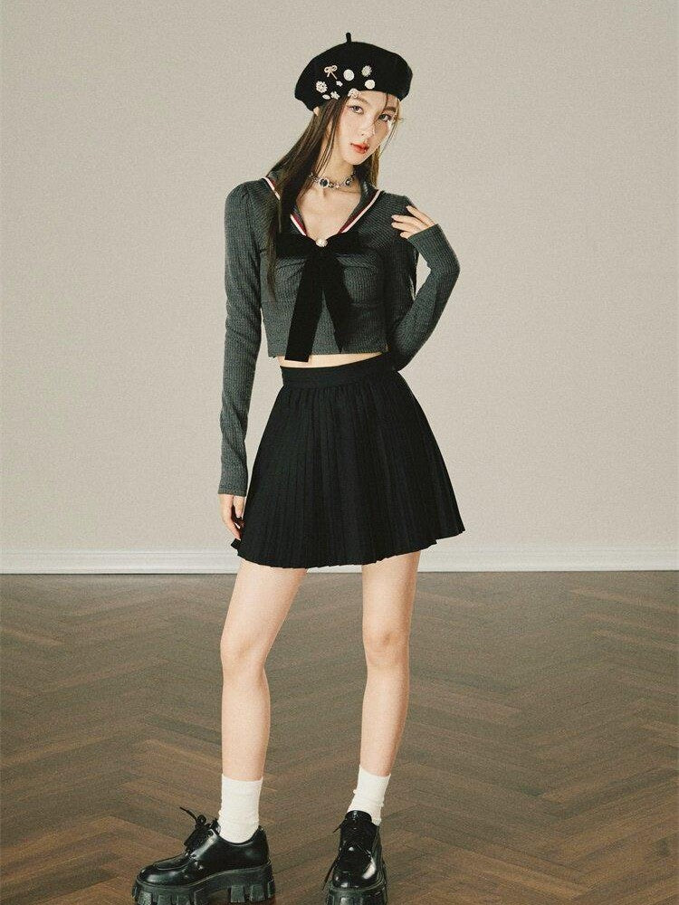 1P STUDIO Preppy Knit Sweater Pleated Skirt Women&
