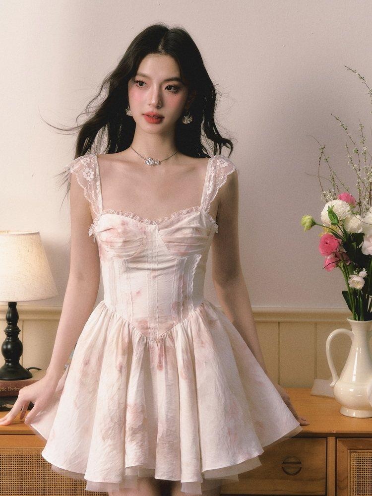 1P STUDIO Puff A Line Lace Trim Cinched Waist Women&