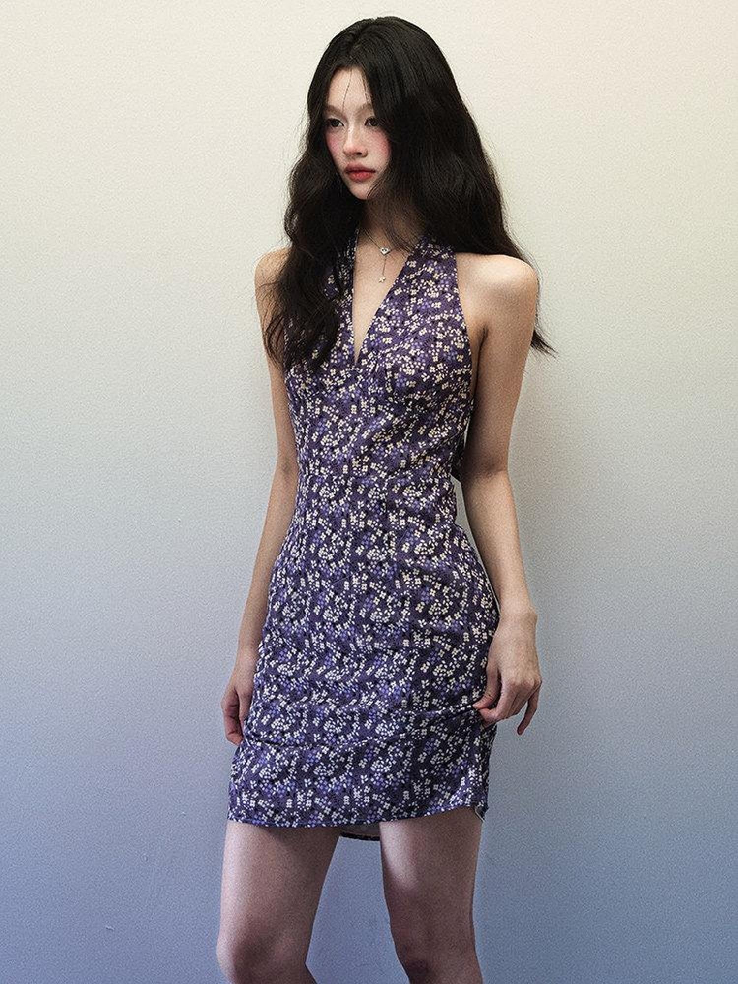 1P STUDIO Purple Floral V-neck Backless Waist Cinch Women&