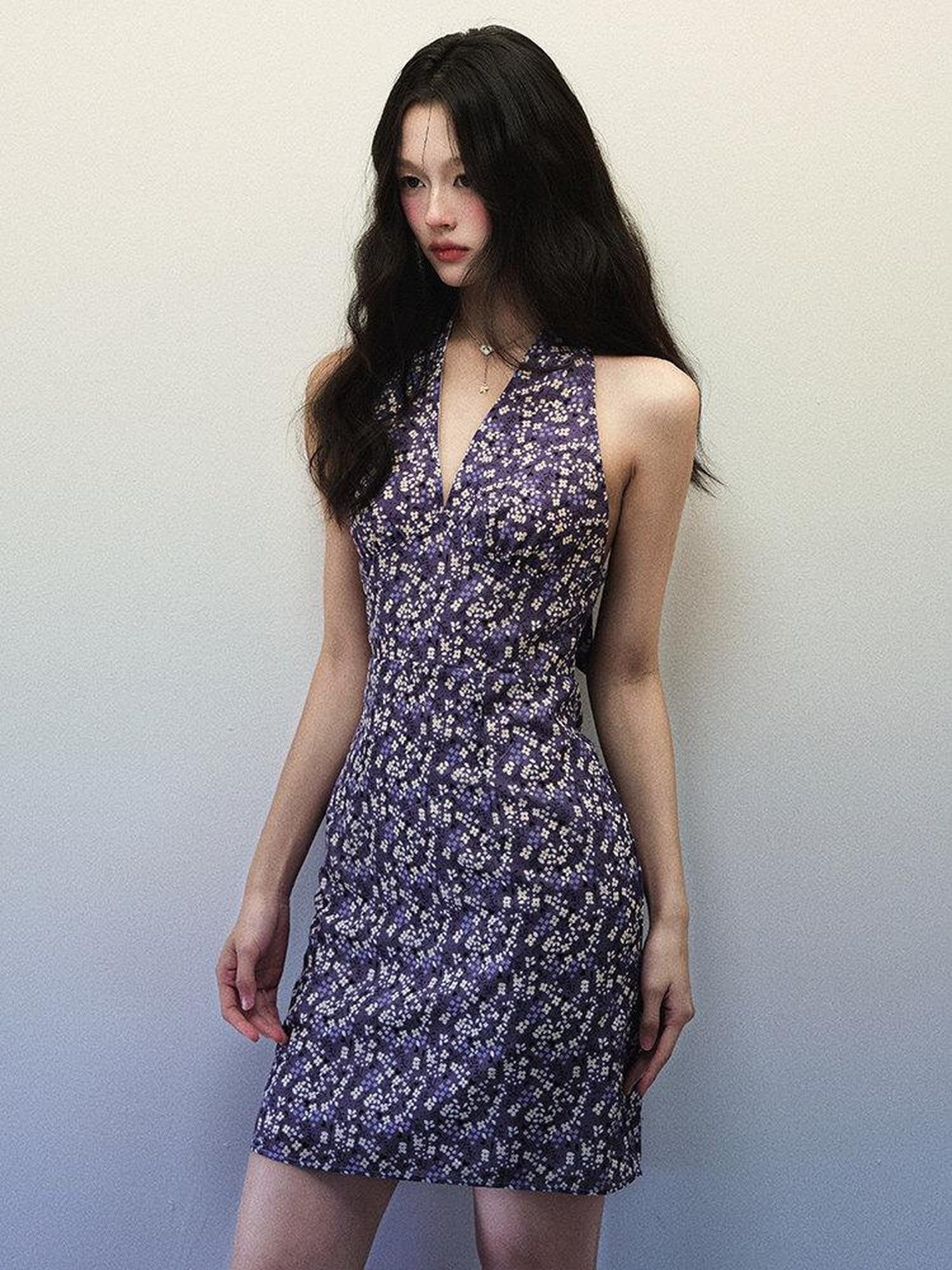 1P STUDIO Purple Floral V-neck Backless Waist Cinch Women&