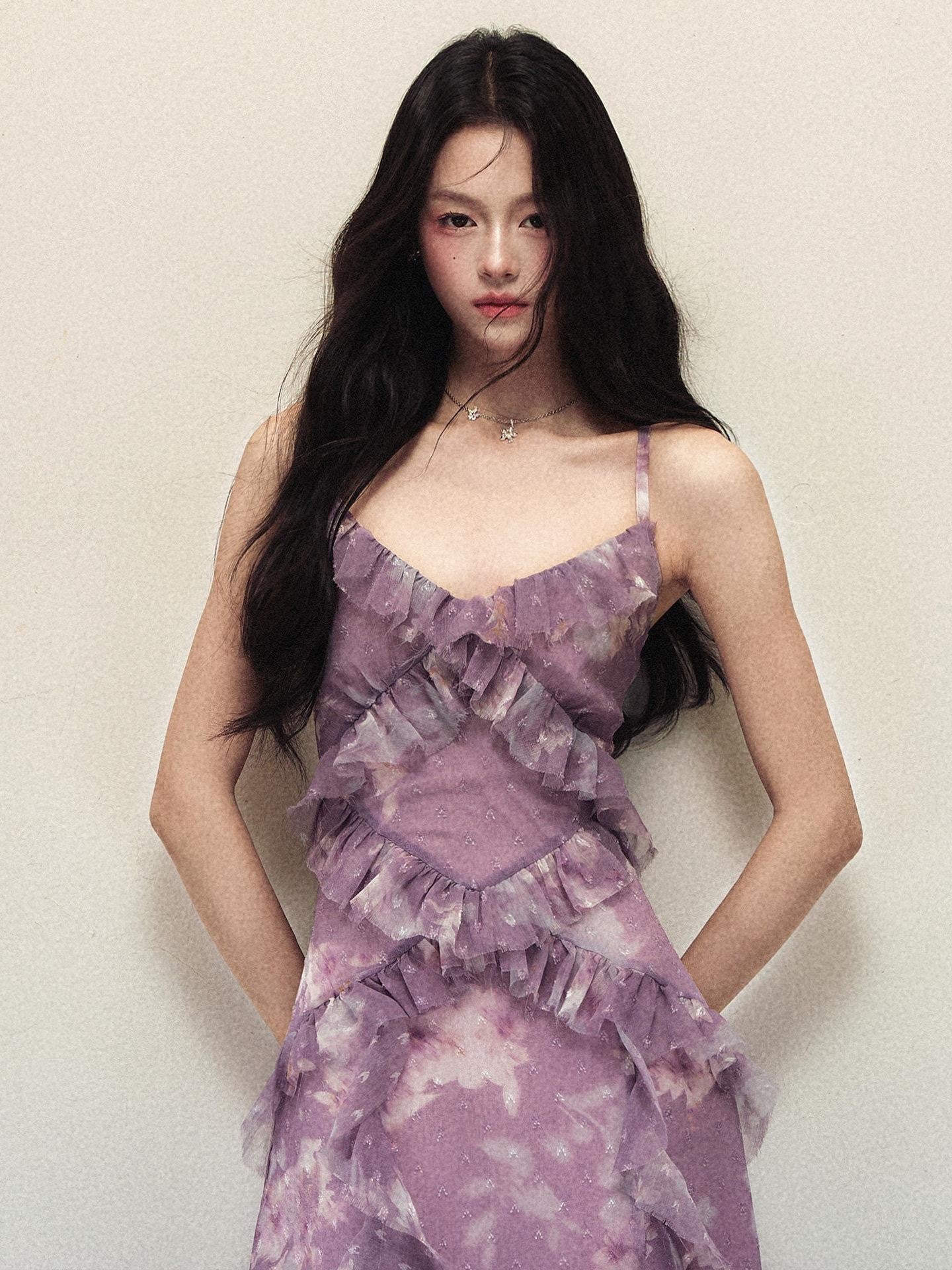 1P STUDIO Purple Ombre Print Irregular Ruffle Women&