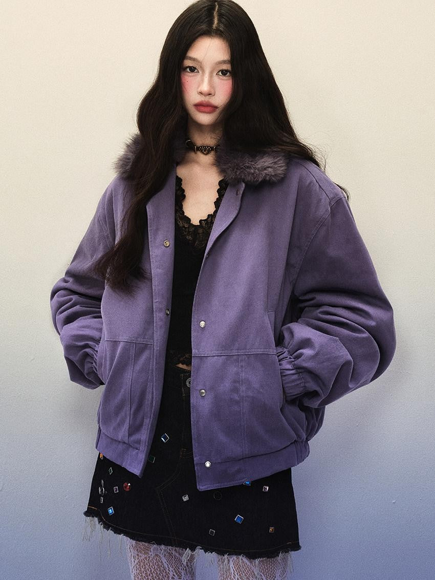 1P STUDIO Purple Workwear Oversized Padded Detachable Fur Collar Women&
