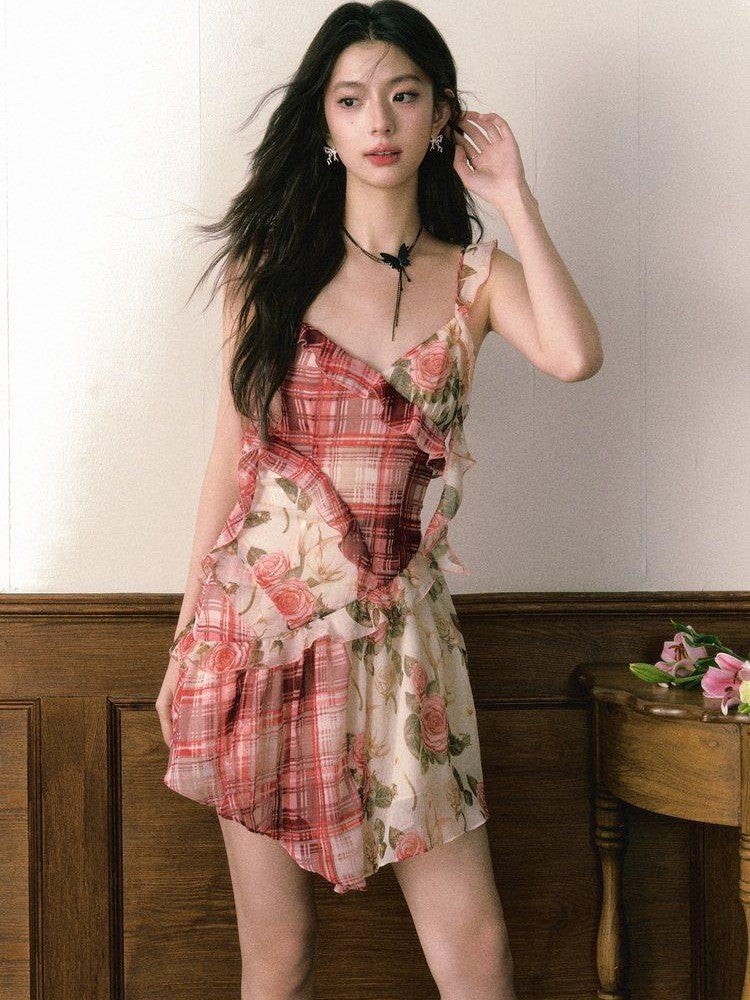 1P STUDIO Red Plaid Patchwork Rose Floral Ruffle Tie V-neck Women&