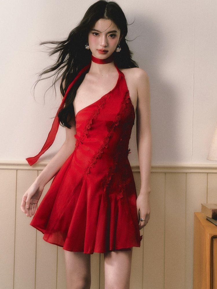 1P STUDIO Red Rose Asymmetrical One Shoulder Waist Cinched Women&