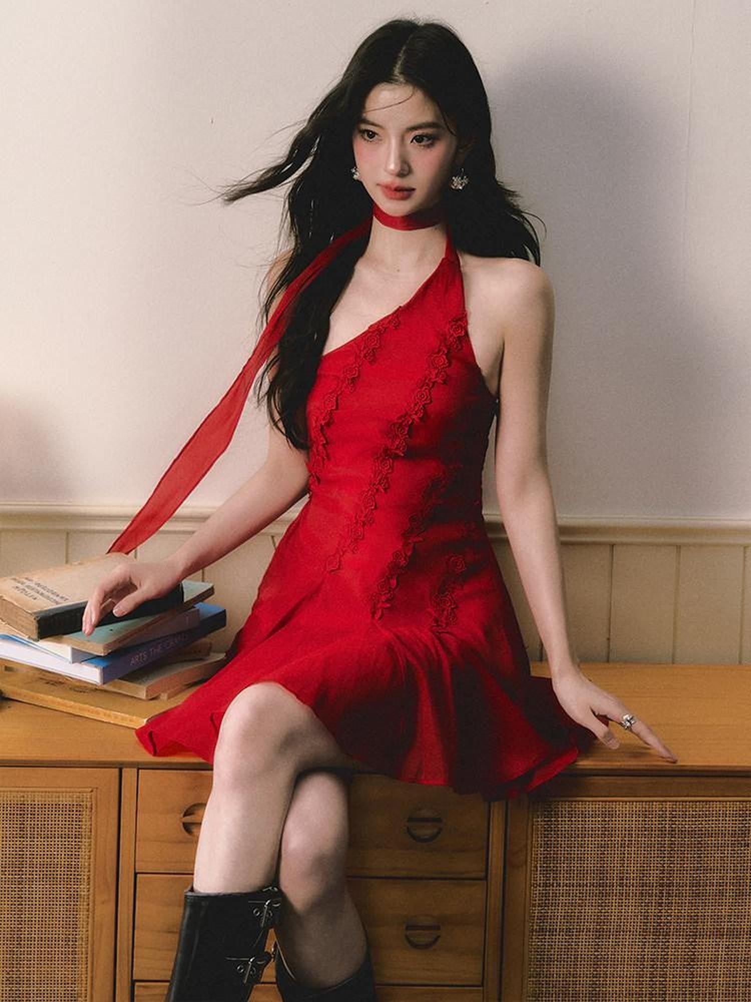 1P STUDIO Red Rose Asymmetrical One Shoulder Waist Cinched Women&