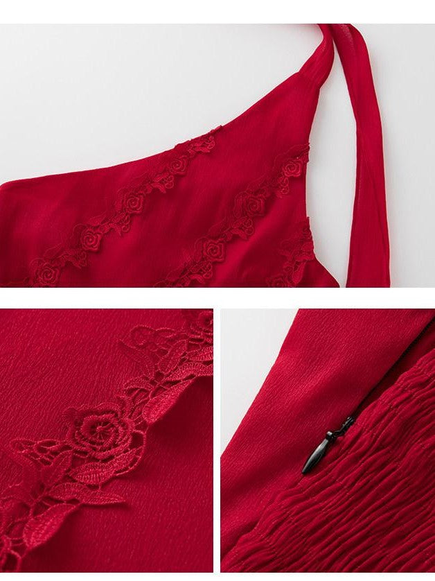 1P STUDIO Red Rose Asymmetrical One Shoulder Waist Cinched Women&