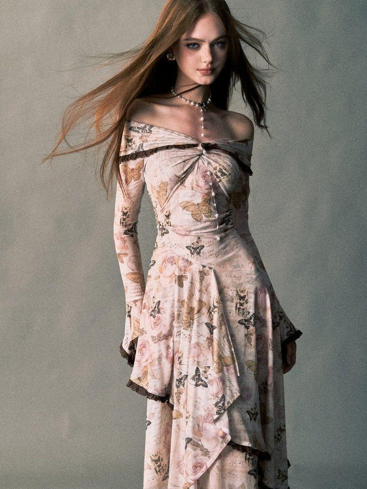 1P STUDIO Rose Butterfly Print Bardot Irregular Aline Women&