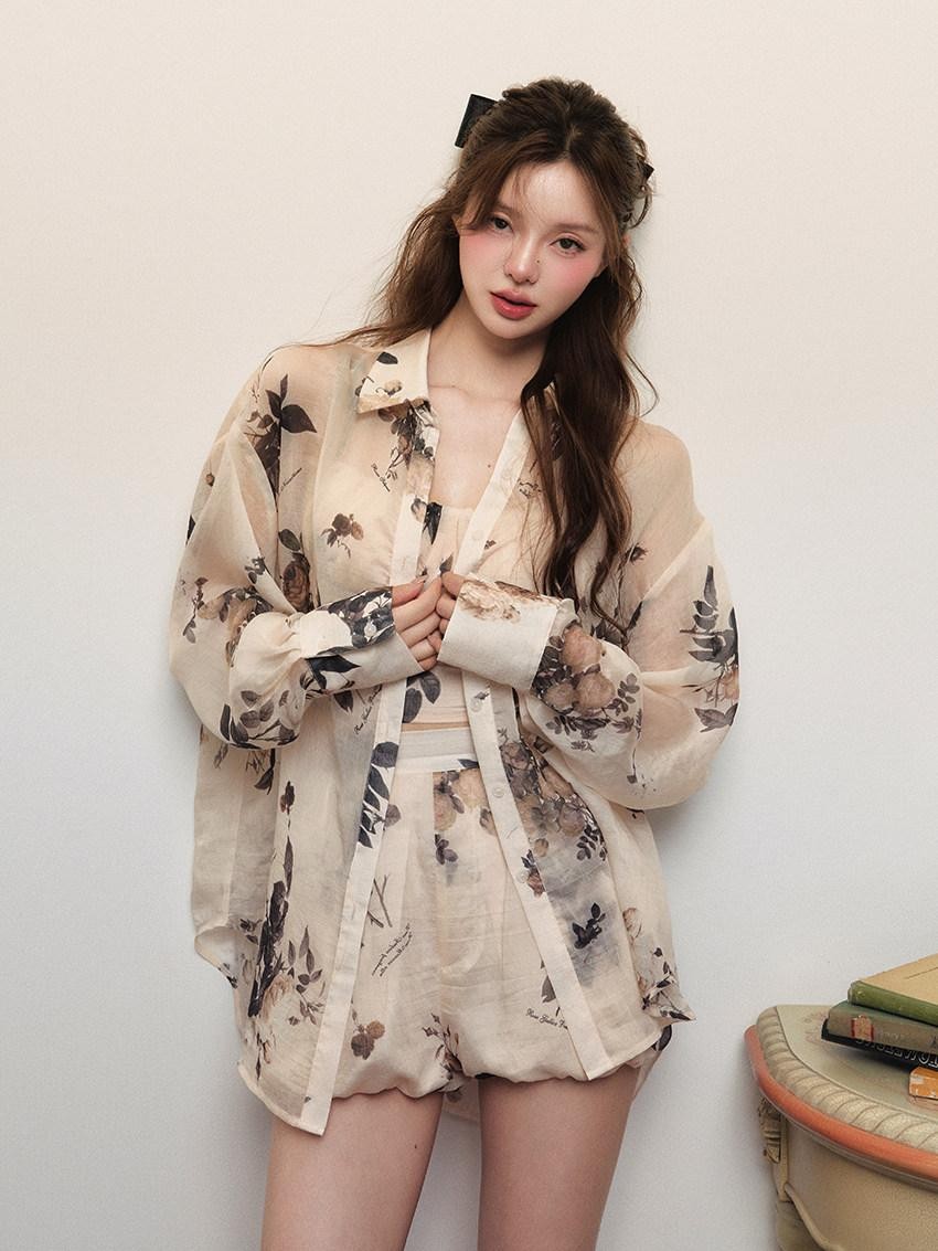 1P STUDIO Rose Floral Print Long Sleeve Women&