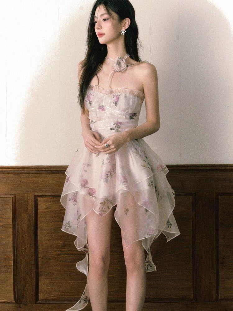 1P STUDIO Rose Print Layered Asymmetric Hem Bustier Aline Women&