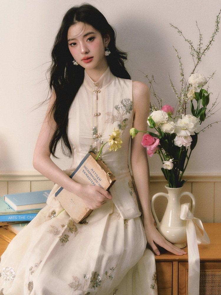 1P STUDIO Sequin Embroidery Mandarin Vest Stand Collar Women&