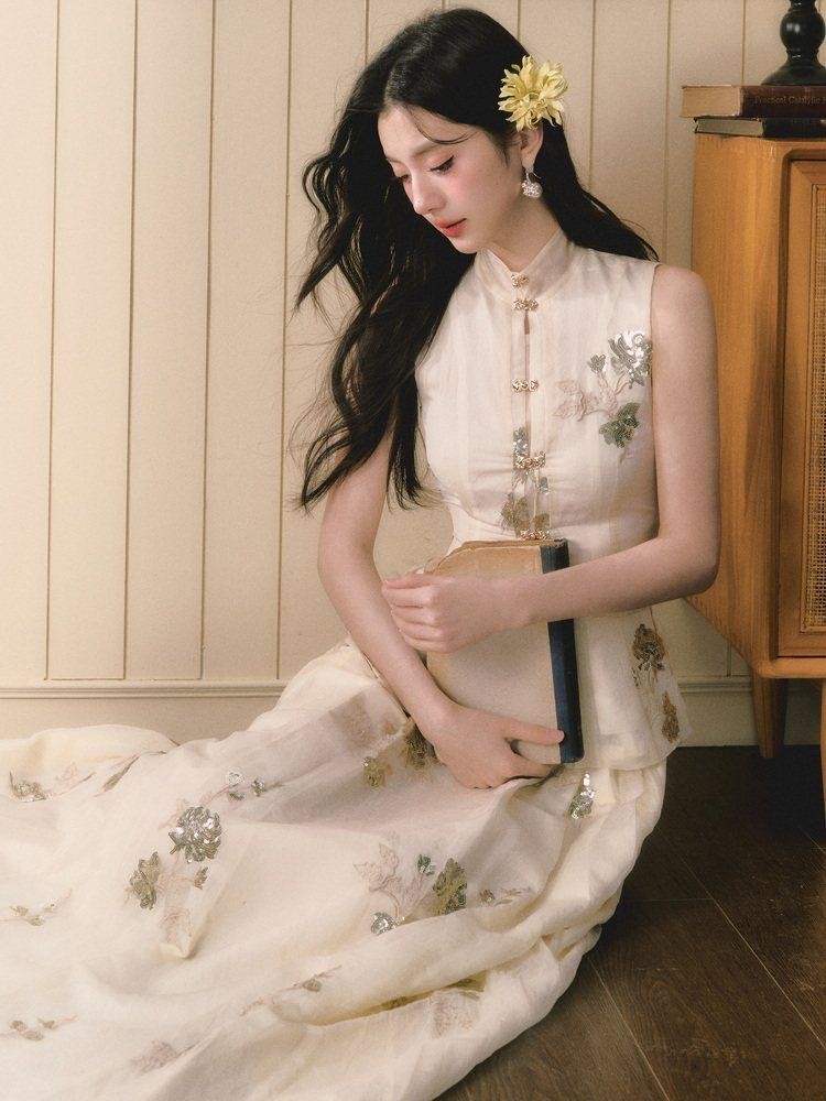 1P STUDIO Sequin Embroidery Mandarin Vest Stand Collar Women&