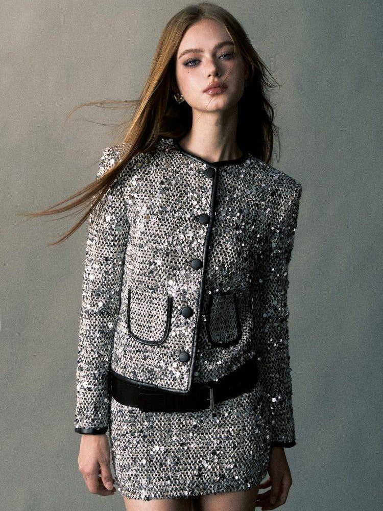 1P STUDIO Silver Sequin Boucle Black Leather Trim Women&