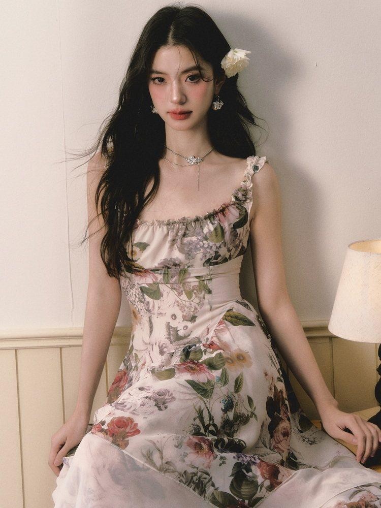 1P STUDIO Square Neck Floral Spliced Asymmetric Cinched Waist Women&