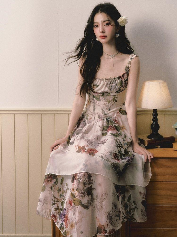 1P STUDIO Square Neck Floral Spliced Asymmetric Cinched Waist Women&