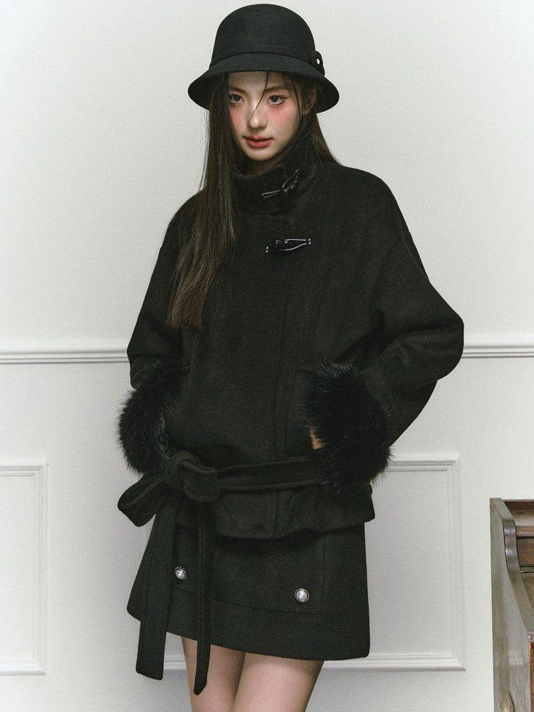 Stand Collar Fuzzy Sleeve Women&
