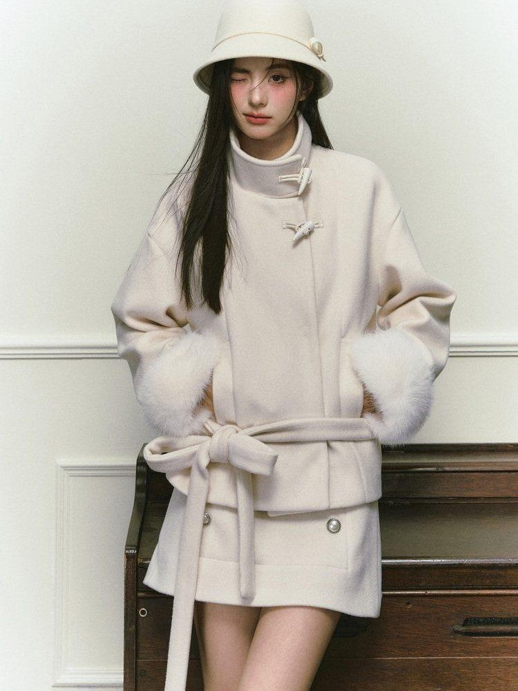 Stand Collar Fuzzy Sleeve Women&