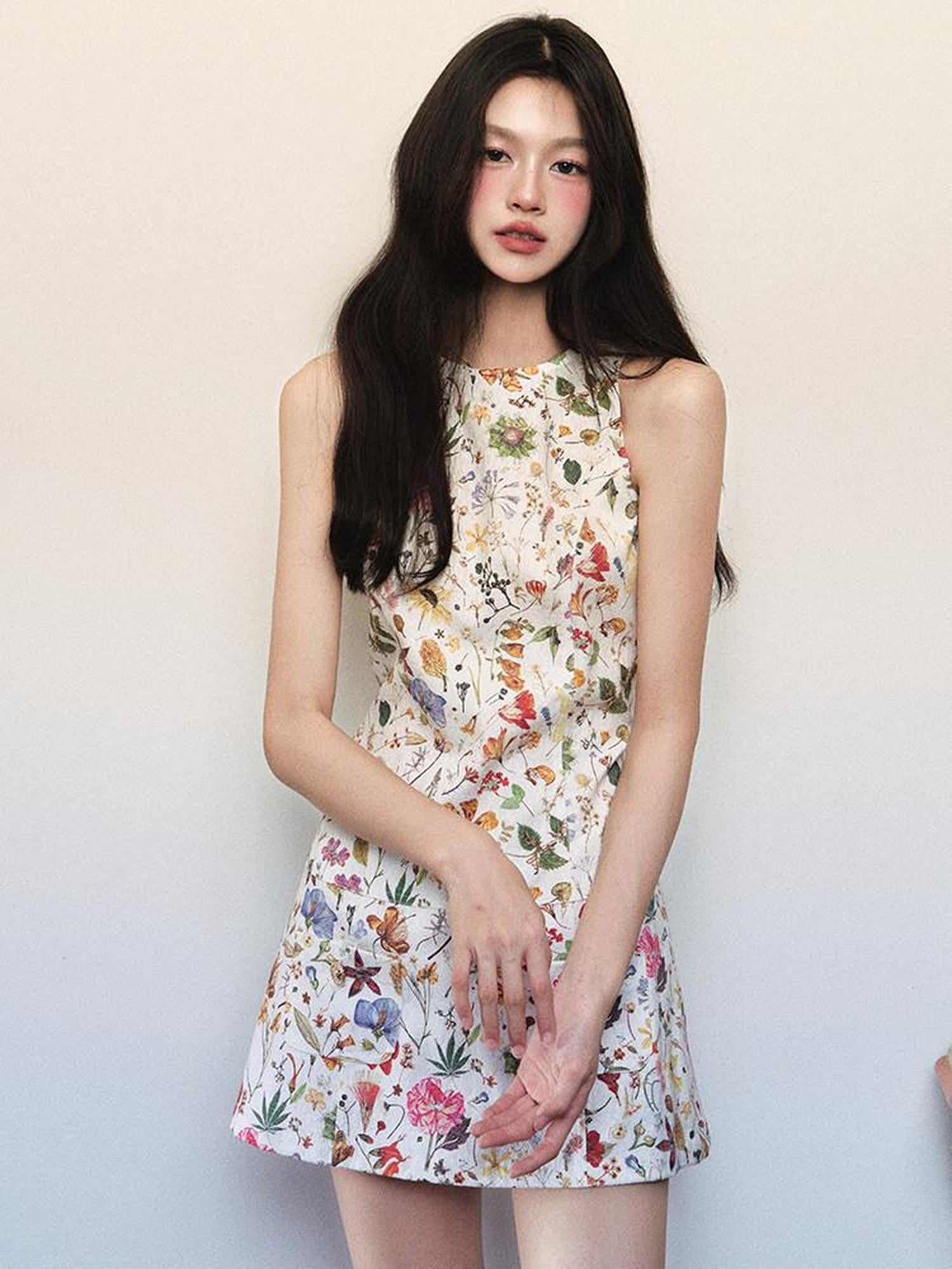 1P STUDIO Textured Floral Sleeveless A Line Waist Cinch Women&