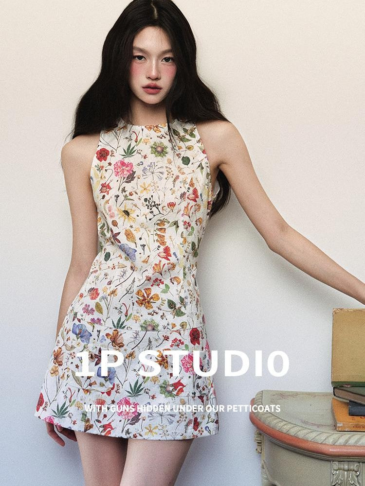 1P STUDIO Textured Floral Sleeveless A Line Waist Cinch Women&