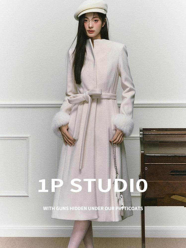 1P STUDIO Tweed Tie Waist Stand Collar Straight Cut Women&