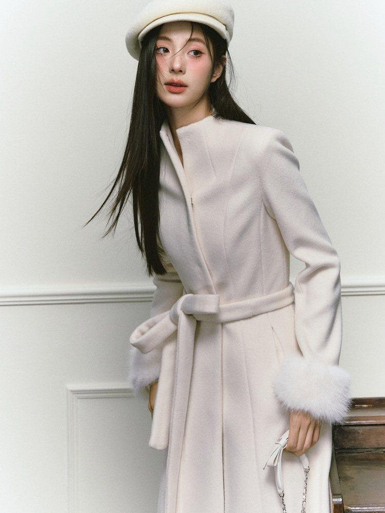 1P STUDIO Tweed Tie Waist Stand Collar Straight Cut Women&