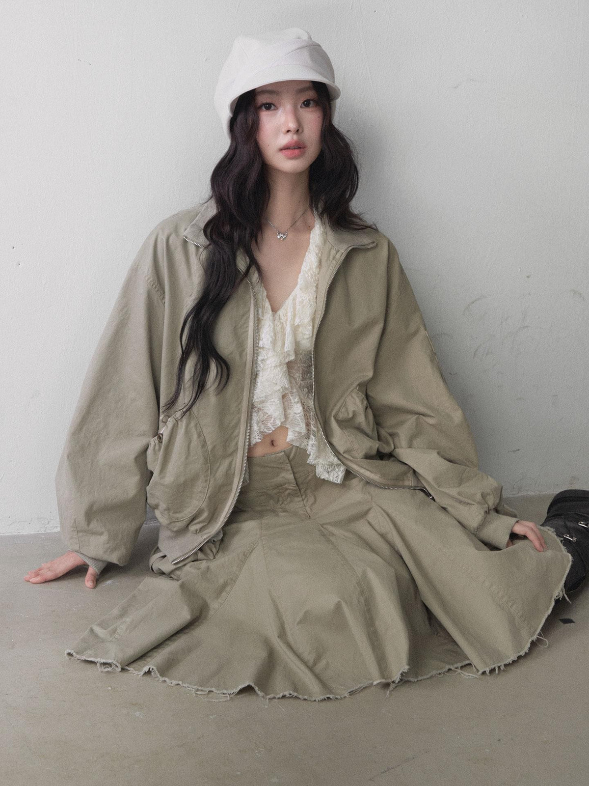 1P STUDIO Twill Utility Zip Up Cropped Jacket Pleated Skirt Women&