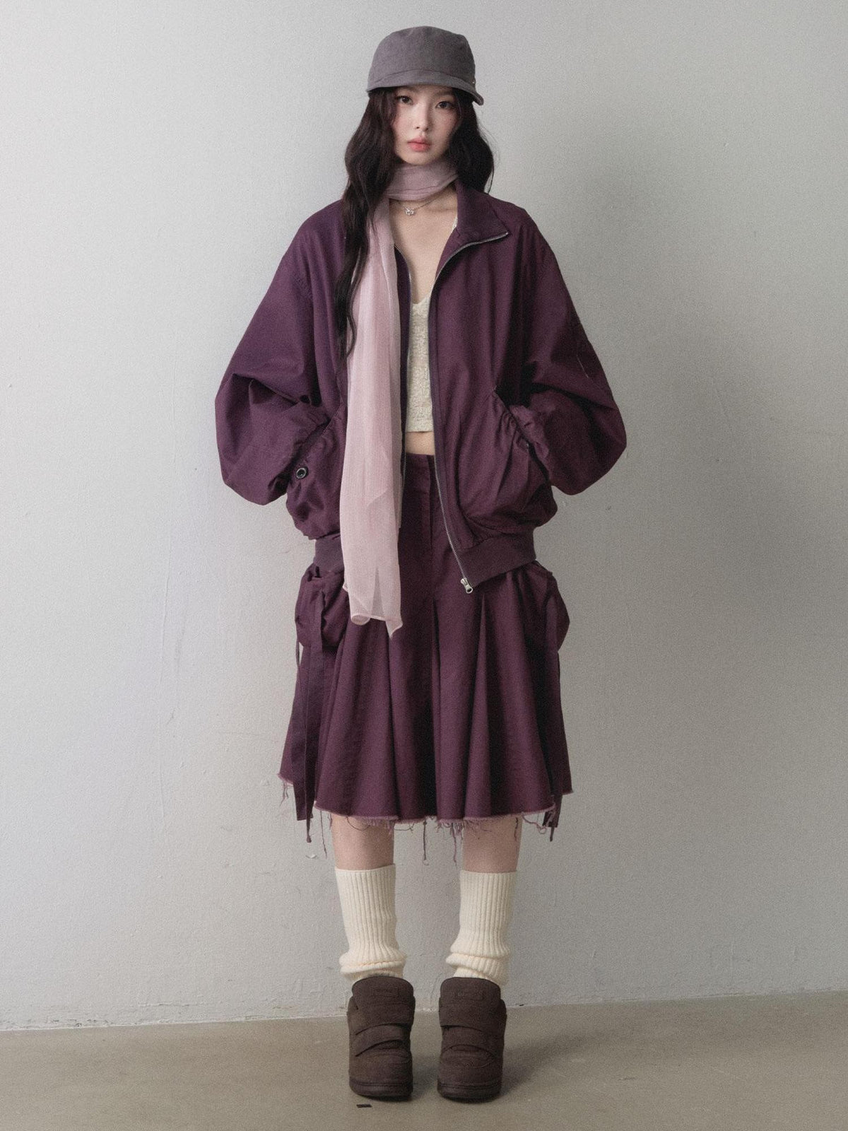 1P STUDIO Twill Utility Zip Up Cropped Jacket Pleated Skirt Women&
