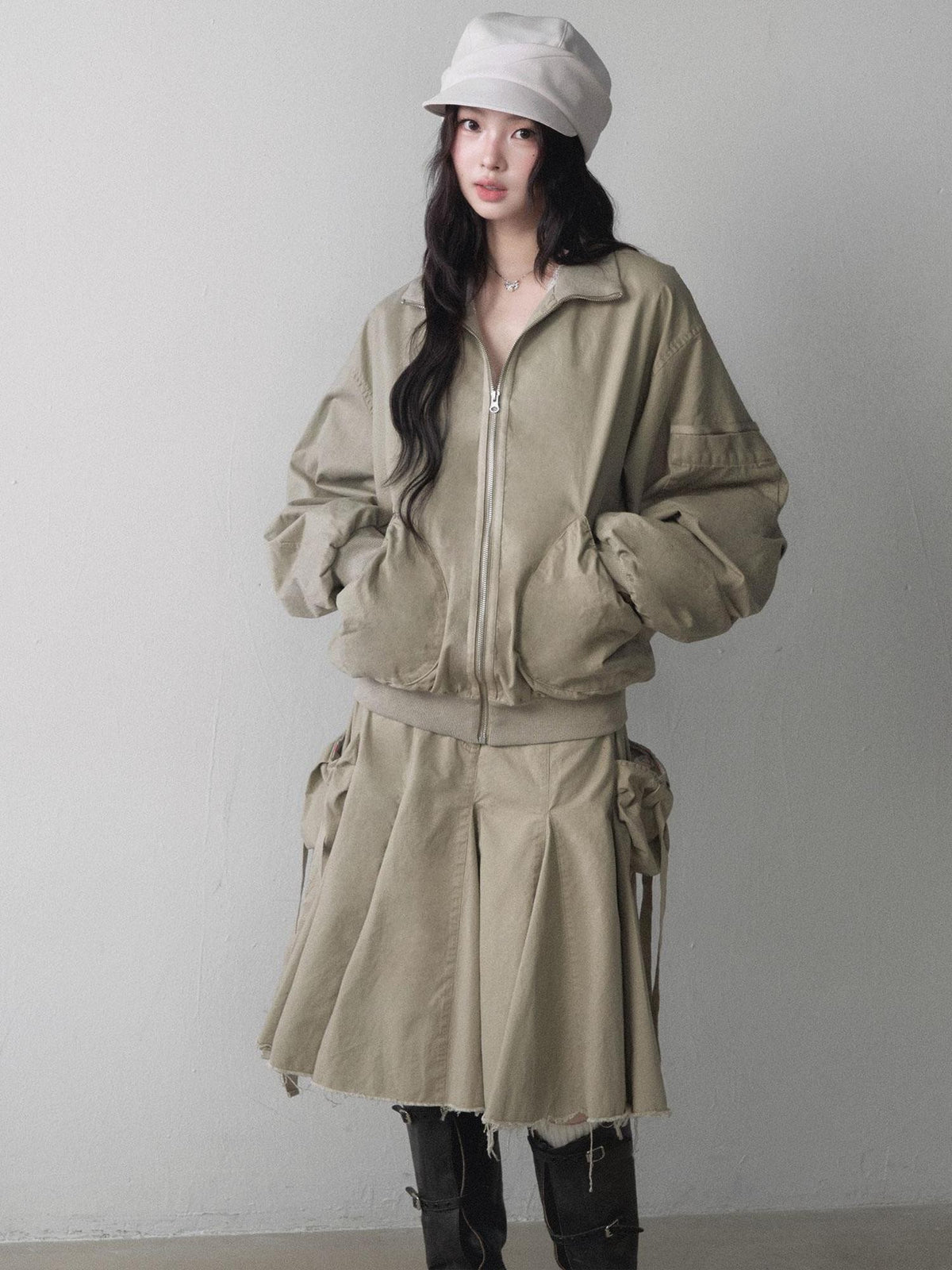 1P STUDIO Twill Utility Zip Up Cropped Jacket Pleated Skirt Women&