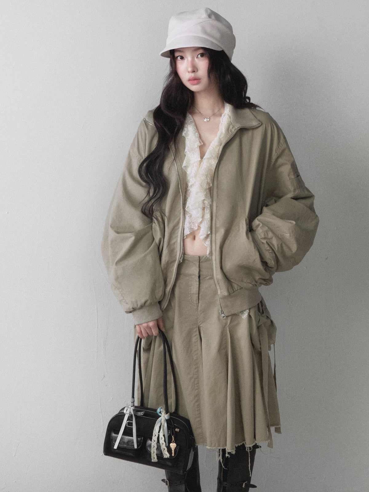 1P STUDIO Twill Utility Zip Up Cropped Jacket Pleated Skirt Women&