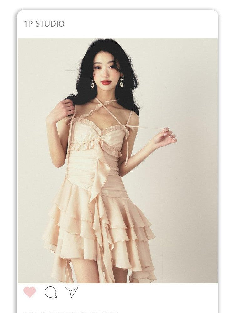 1P STUDIO V-neck Lace Trim Ruched Cross Tie High Waist Women&