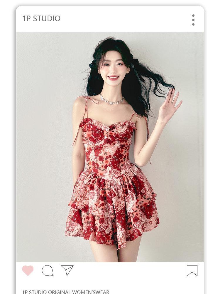 1P STUDIO Vintage Red Floral Double Layer Hem High Waist A Line Women&