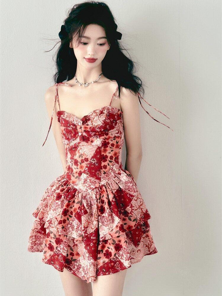 1P STUDIO Vintage Red Floral Double Layer Hem High Waist A Line Women&