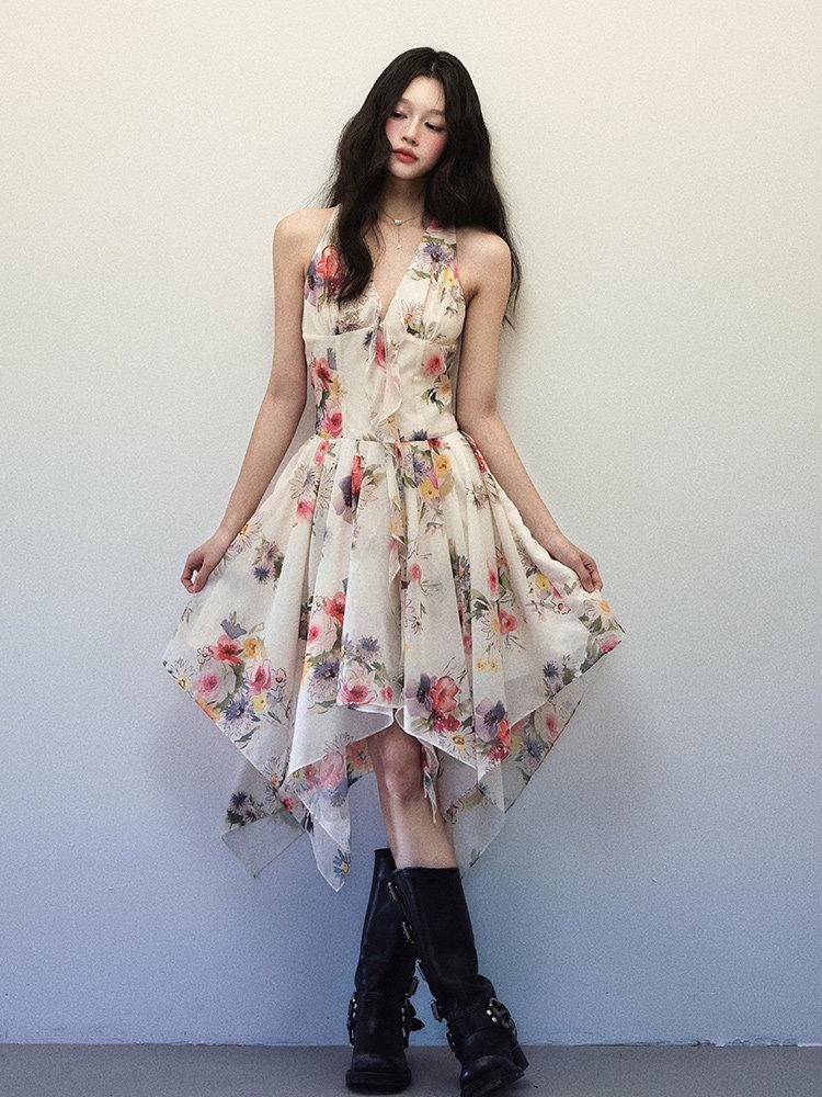 1P STUDIO Watercolor Floral Print Asymmetric V-neck Women&