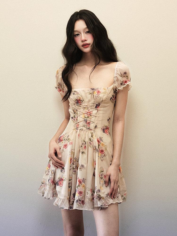 1P STUDIO Watercolor Floral Square Neck Tie Lace Women&