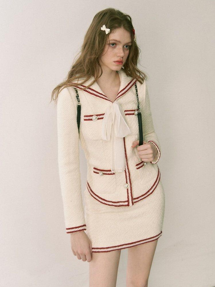 1P STUDIO White Colorblock Boucle Fitted Waist Women&