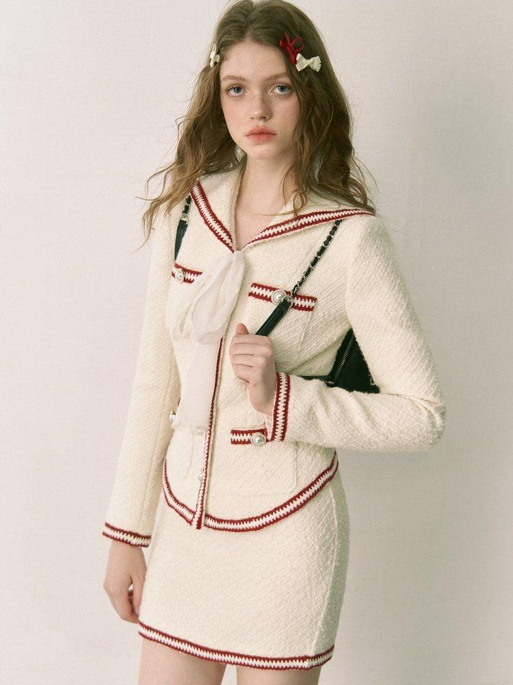 1P STUDIO White Colorblock Boucle Fitted Waist Women&