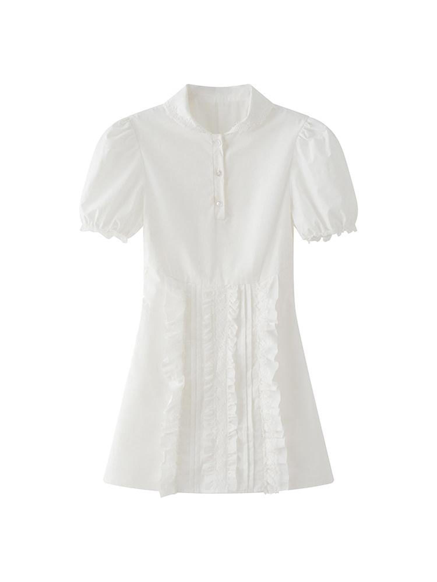 1P STUDIO White Doll Collar Lace Trim Short Sleeve Shirt Women&